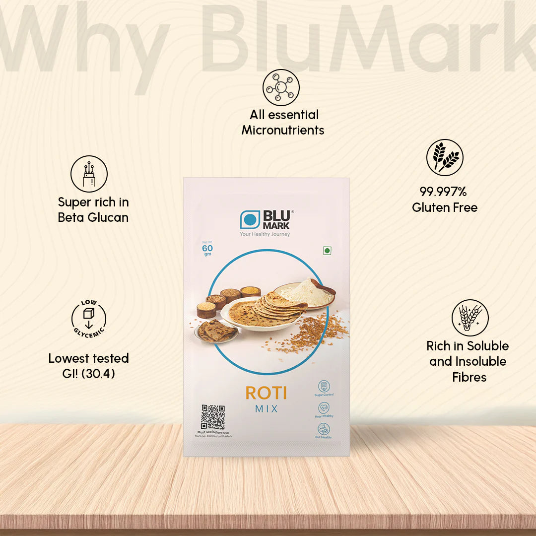 Blu Mark Roti Mix packaging on a wooden surface with product features listed.