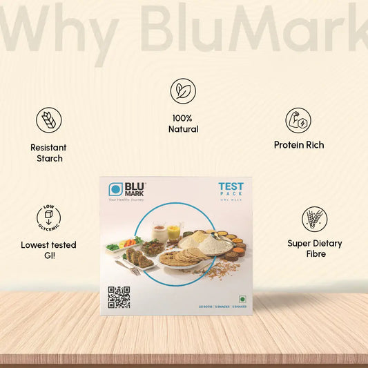 BLU MARK Test Pack on a wooden surface with product features listed.