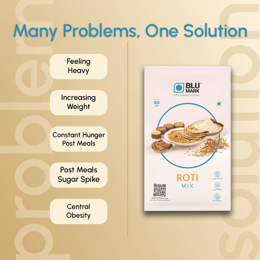 BLU MARK Roti Mix package with health benefits listed on a beige background