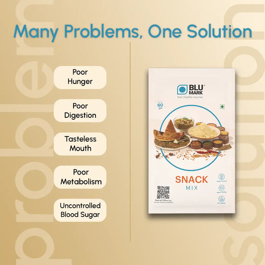 BLU MARK snack mix package with health benefits on a beige background