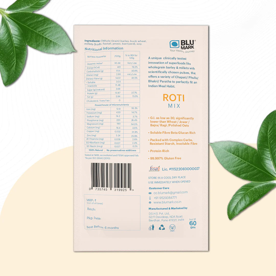 Package of BLU MARK Roti Mix with nutritional information and branding details on a light background.