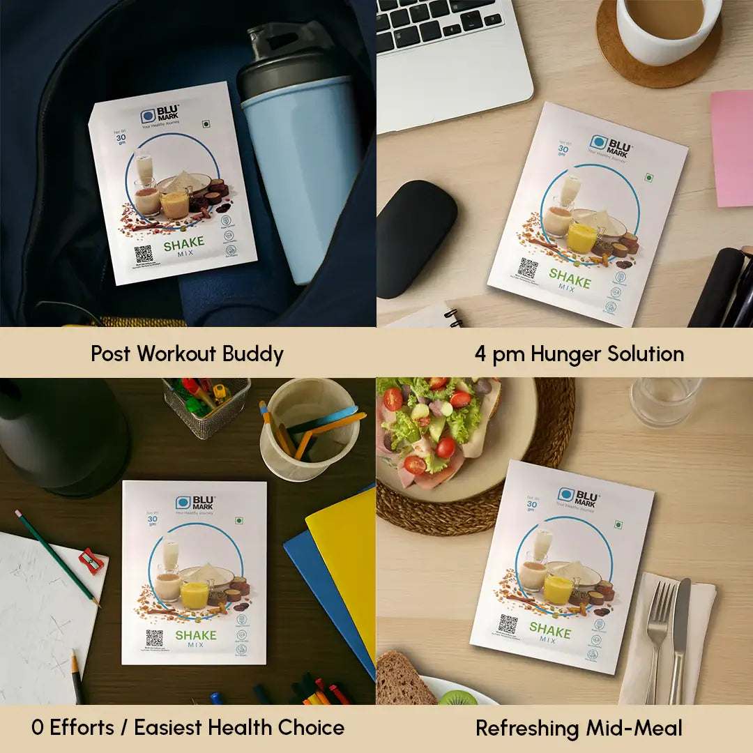 Collage of BLU Health shake packets with various settings including a desk, lunch setting, and snack time.