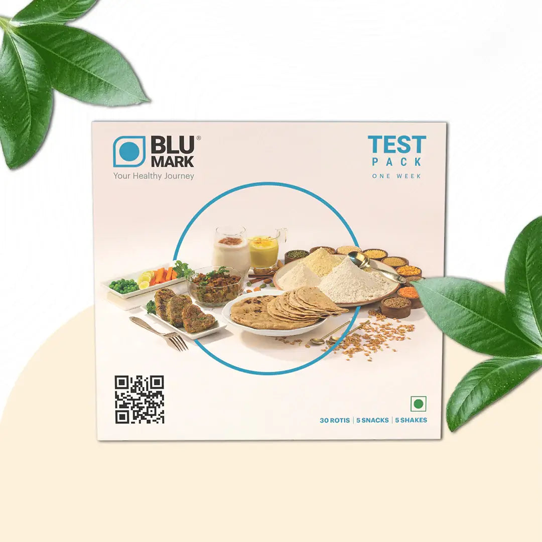 BLU MARK test pack for a healthy journey with food images on a white background