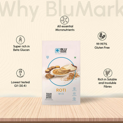 Blu Mark Roti Mix packaging on a wooden surface with product features listed.
