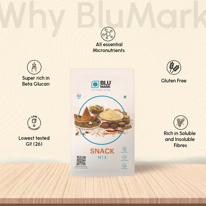BluMark snack mix package on a wooden surface with product features listed.
