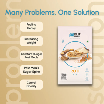 BLU MARK Roti Mix package with health benefits listed on a beige background