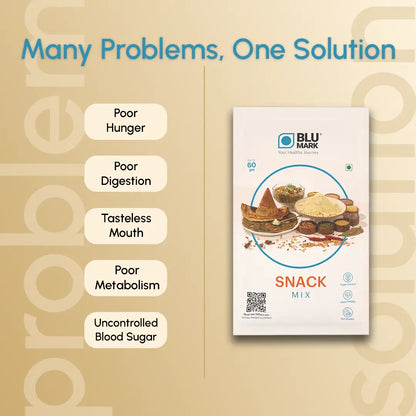 BLU MARK snack mix package with health benefits on a beige background