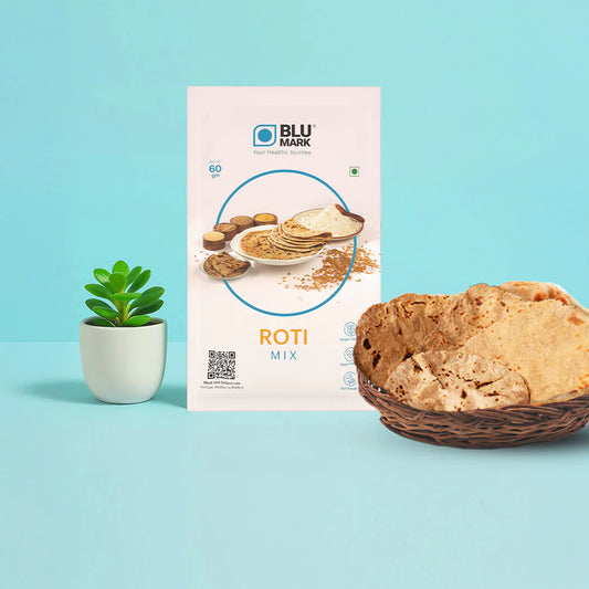 BLU MARK Roti Mix package with a basket of rotis on a light blue background