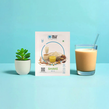BLU MARK shake mix package with a glass of shake on a blue background